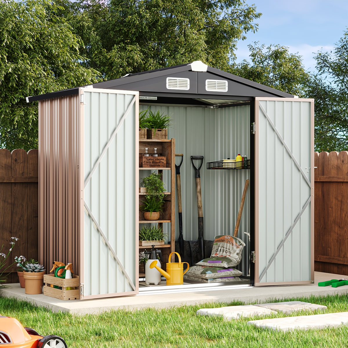 Metal Garden Storage Shed, 6 x 4 FT Class Outdoor Tool Building with Galvanized Steel Frame, Padlock-Ready Doors, Sloped Roof and Vents for Backyard Organization