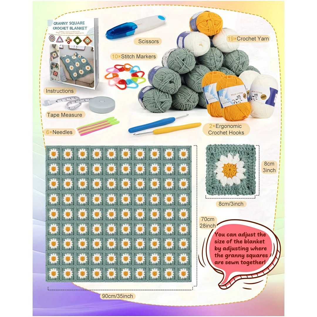 Daisy Blanket Crochet Kit for Beginners, Green Granny Square Project with Listed 19 x 50g Yarn, Two Ergonomic Hooks and Step-by-Step Diagram Instructions for DIY Crafting