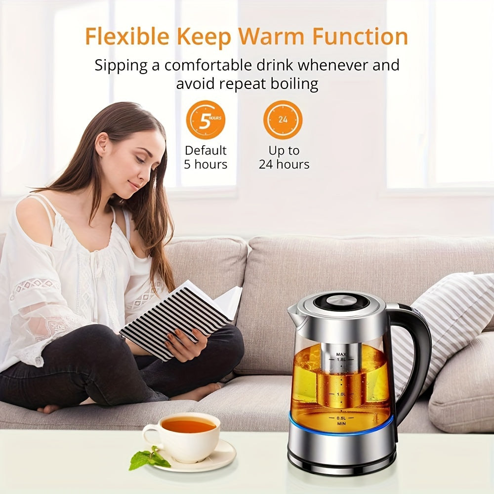 Temperature Control Glass Kettle, 1.8L Electric Tea Kettle with 12 Listed Settings, 24-Hour Keep-Warm Reference and Included Tea Infuser for Beverage Preparation