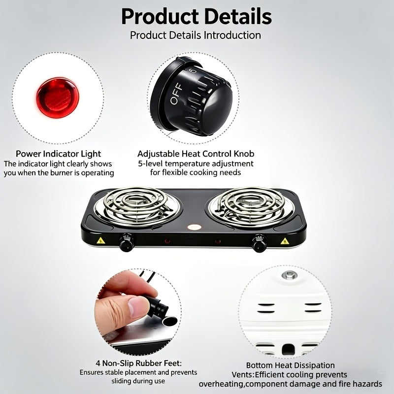 Double-Coil Electric Hot Plate with Five Adjustable Heat Settings, Black Tabletop Cooking Stove with Two Burner Option Labels for Home Kitchen Meal Preparation