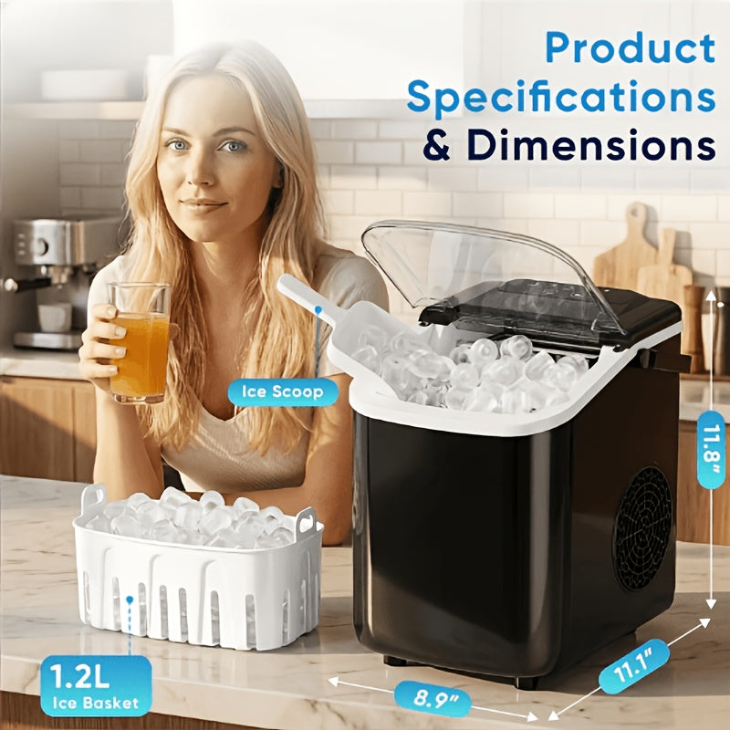 Carry-Handle Ice Maker with Basket and Scoop, Listed 26lb Daily Output and Nine Bullet Cubes in 6–8 Minutes, Black or White 40.58oz-Labeled Options