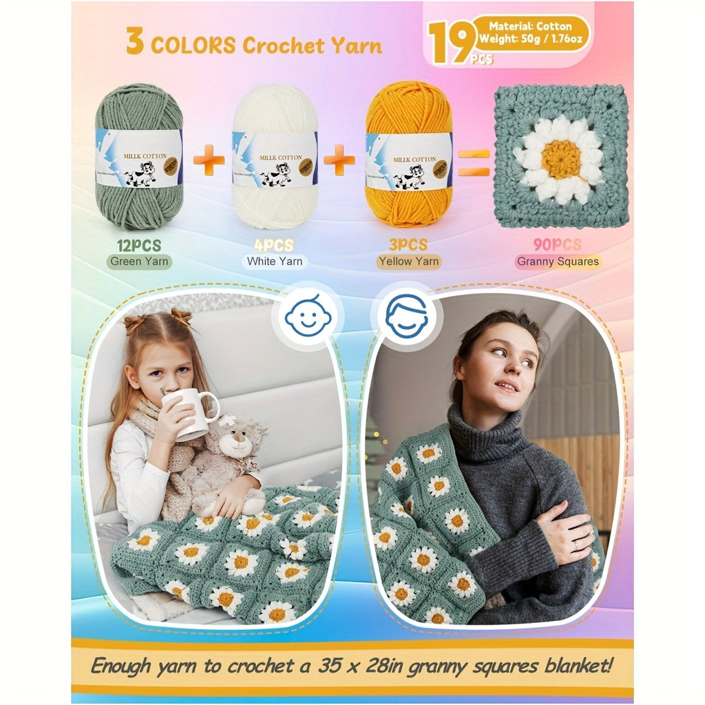 Daisy Blanket Crochet Kit for Beginners, Green Granny Square Project with Listed 19 x 50g Yarn, Two Ergonomic Hooks and Step-by-Step Diagram Instructions for DIY Crafting