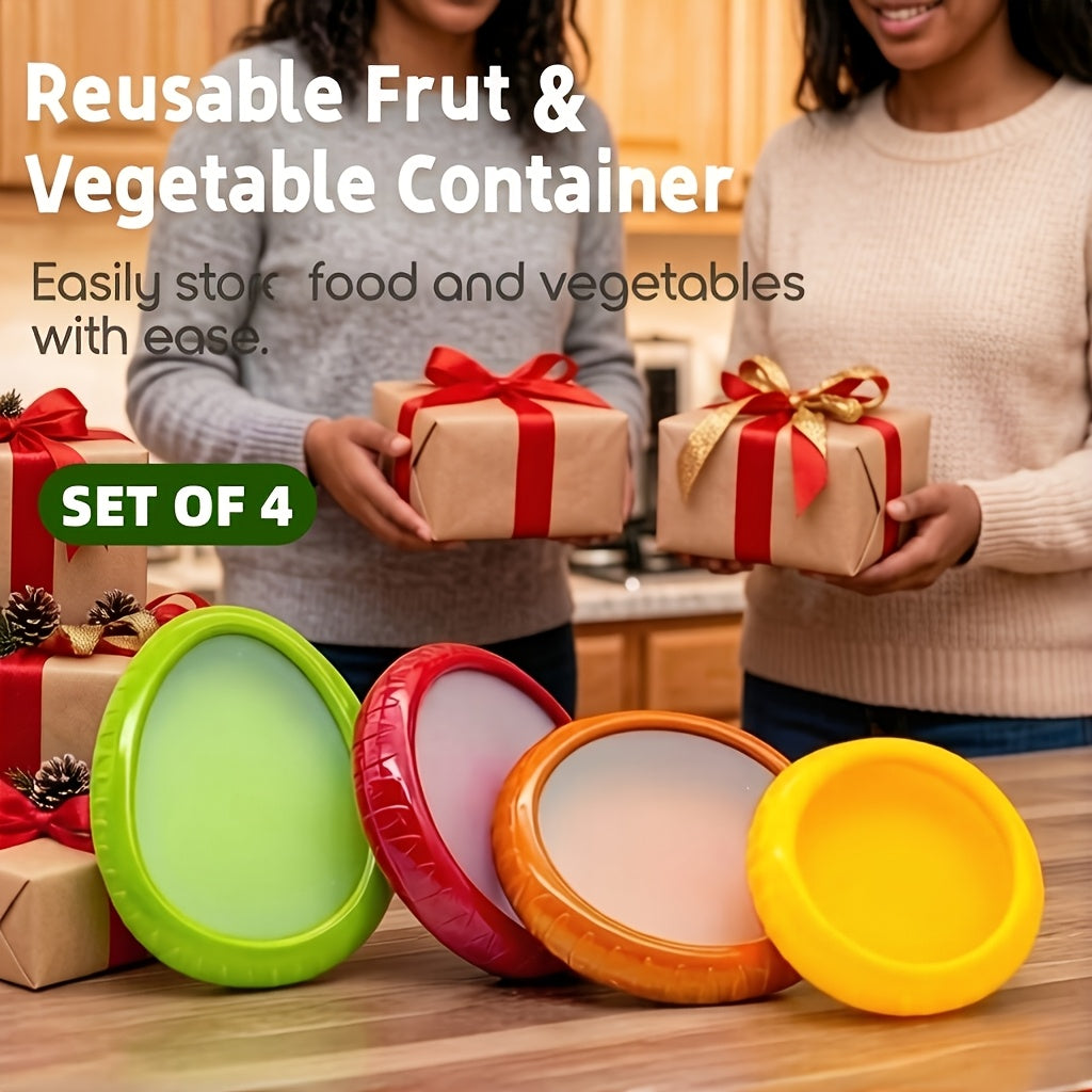 Fruit and Vegetable Storage Holders, 4-Piece Reusable Silicone Fridge Pod Set for Compatible Avocado, Tomato, Onion and Lemon Kitchen Organization