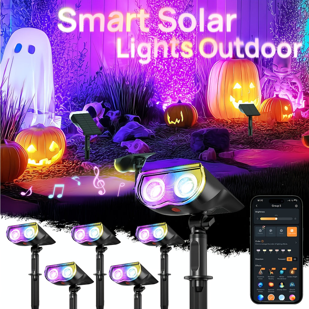 Smart Solar RGB Spotlights with Listed AiDot App Control, Adjustable White Light, Music Sync and Scheduling, Multicolor Two-, Four- or Six-Piece Package Labels
