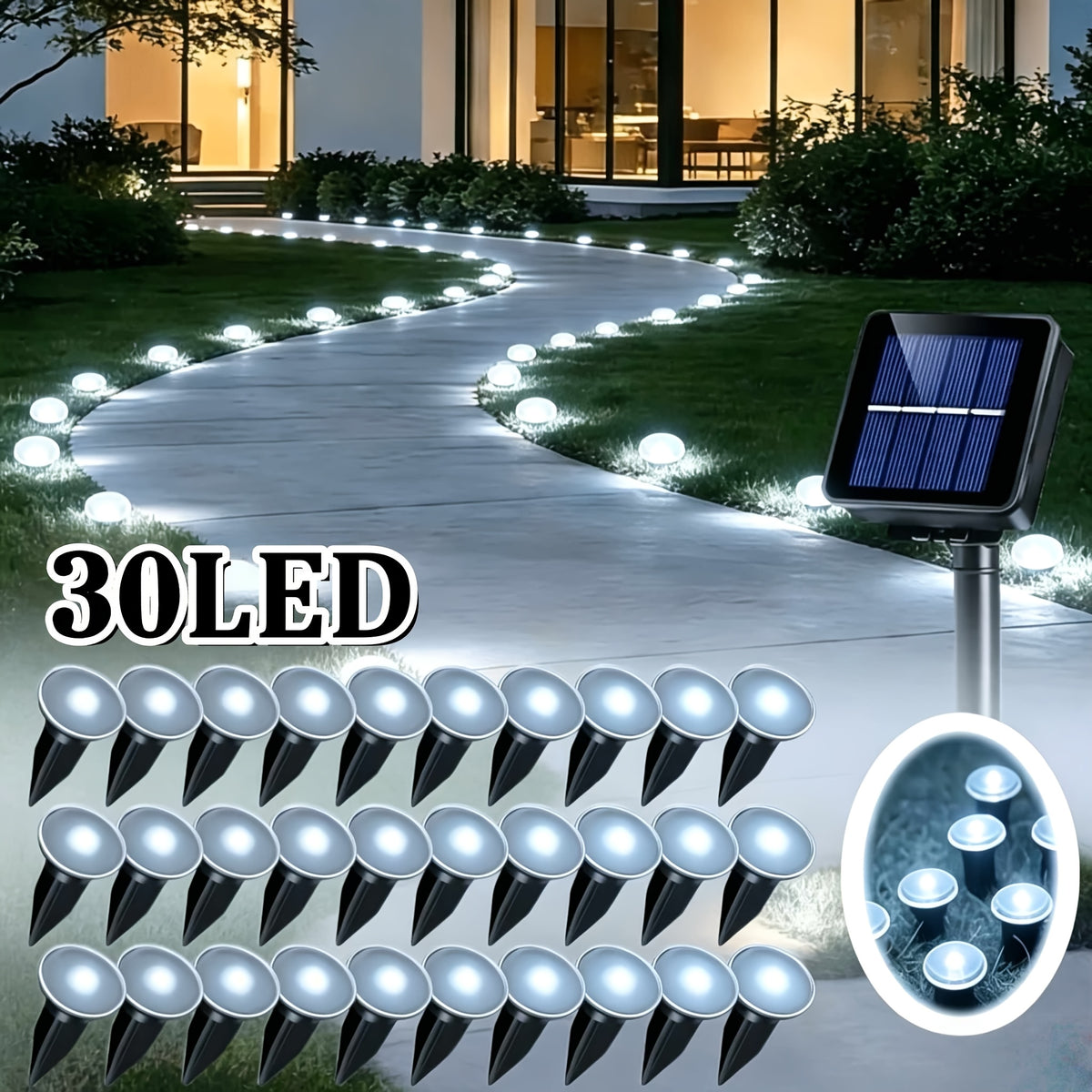 Solar Pathway String Lights with Listed 30 LEDs and Stake Design, Six Warm, White, Purple, Blue, Red and Green Light Options for Patio and Garden Event Decor