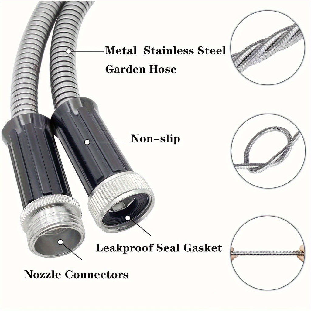 Flexible Metal Garden Hose with Spray Nozzle, Stainless Steel Watering Hose for Yard Care and Vehicle Rinsing, Standard and Upgraded Length Options