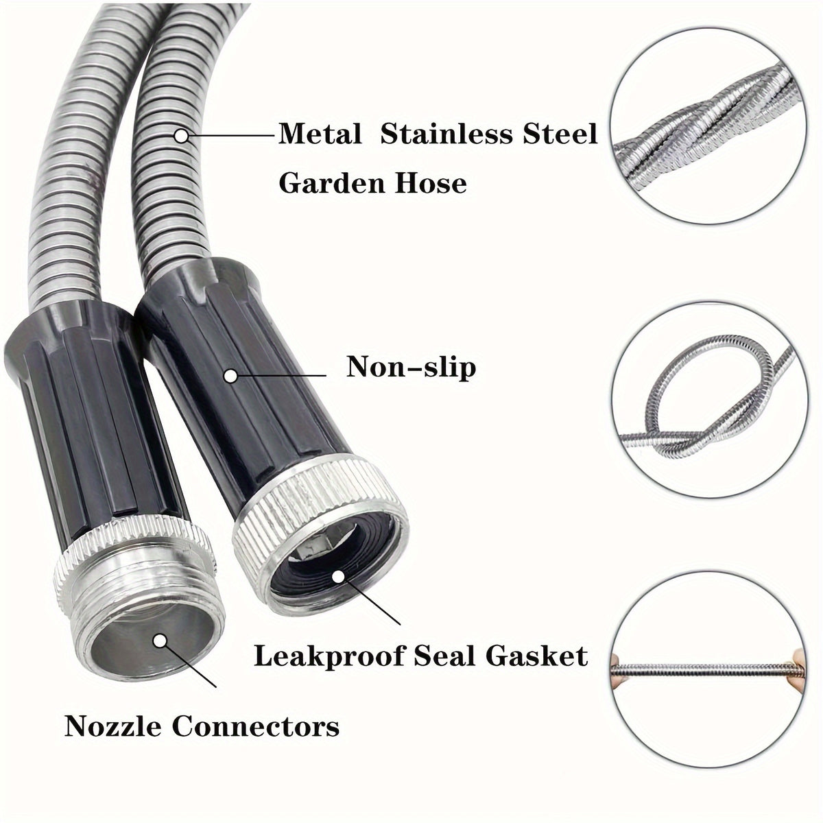Flexible Metal Garden Hose with Spray Nozzle, Stainless Steel Watering Hose for Yard Care and Vehicle Rinsing, Standard and Upgraded Length Options