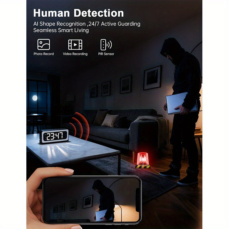 Alarm Clock Security Camera with 2K Video, Dual-Band 2.4GHz and 5GHz WiFi, Color Night Vision, Motion Detection and Two-Way Talk, Battery or USB Power