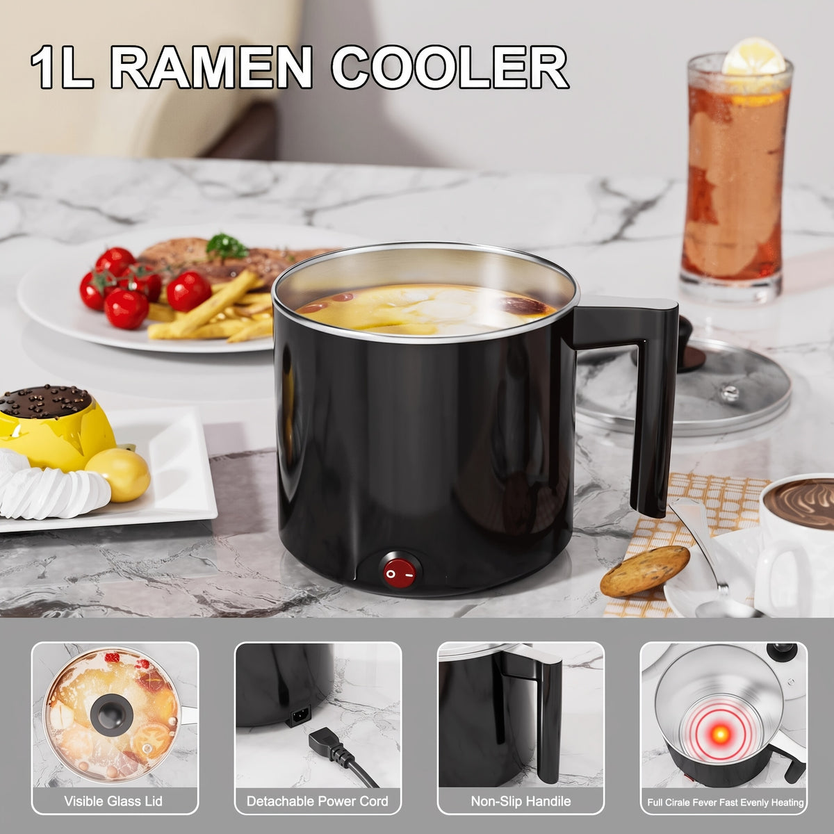 Black Electric Hot Pot with Listed 1.5L Capacity Option and Nonstick Saucepan Design for Noodles, Pasta, Eggs and Steak Preparation in Home Kitchens