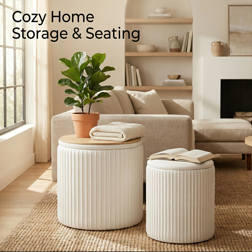 Round Storage Ottomans Set of Two with Lids and Upholstered Styling, Hidden Storage Furniture in Black, Grey or Beige for Living Room and Vanity Area Organization