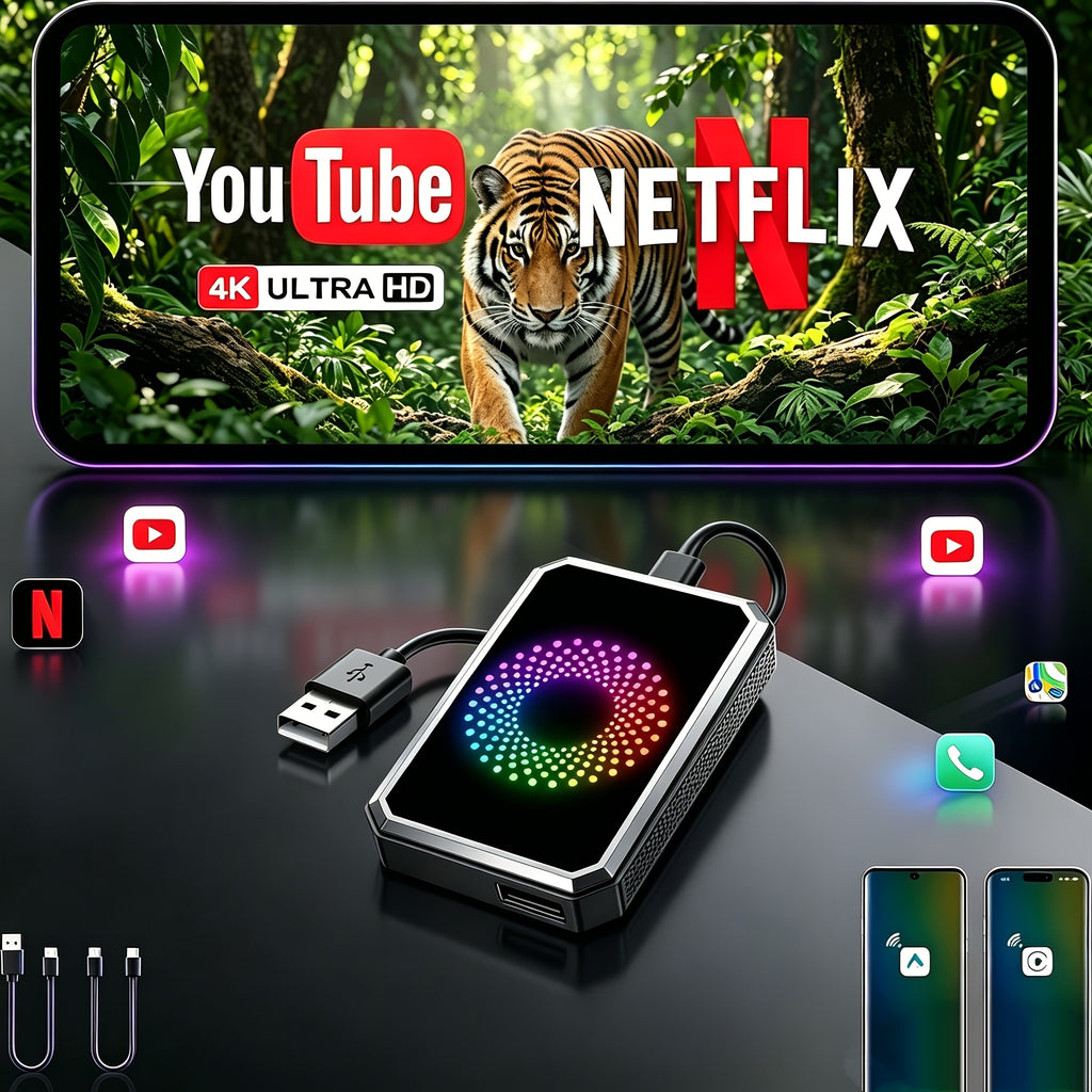 CarPlay Media Box in Black with Listed Wireless CarPlay Adapter, USB Port and Streaming Support for Compatible Factory Wired CarPlay and Android Auto Systems