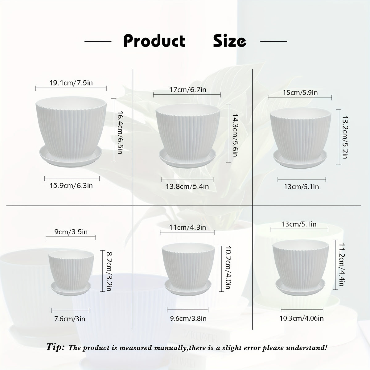 Resin Planter Pots Set with Listed Six-Pack Assortment and 3.5 to 7.5-Inch Size Labels, White, Light Green or Dark Blue Options for Indoor Plant Displays