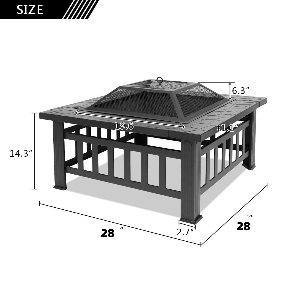 Square Wood Burning Fire Pit Table in Black Metal with Mesh Spark Screen and Poker, Four-Leg Outdoor Fire Bowl for Backyard and Patio Gatherings