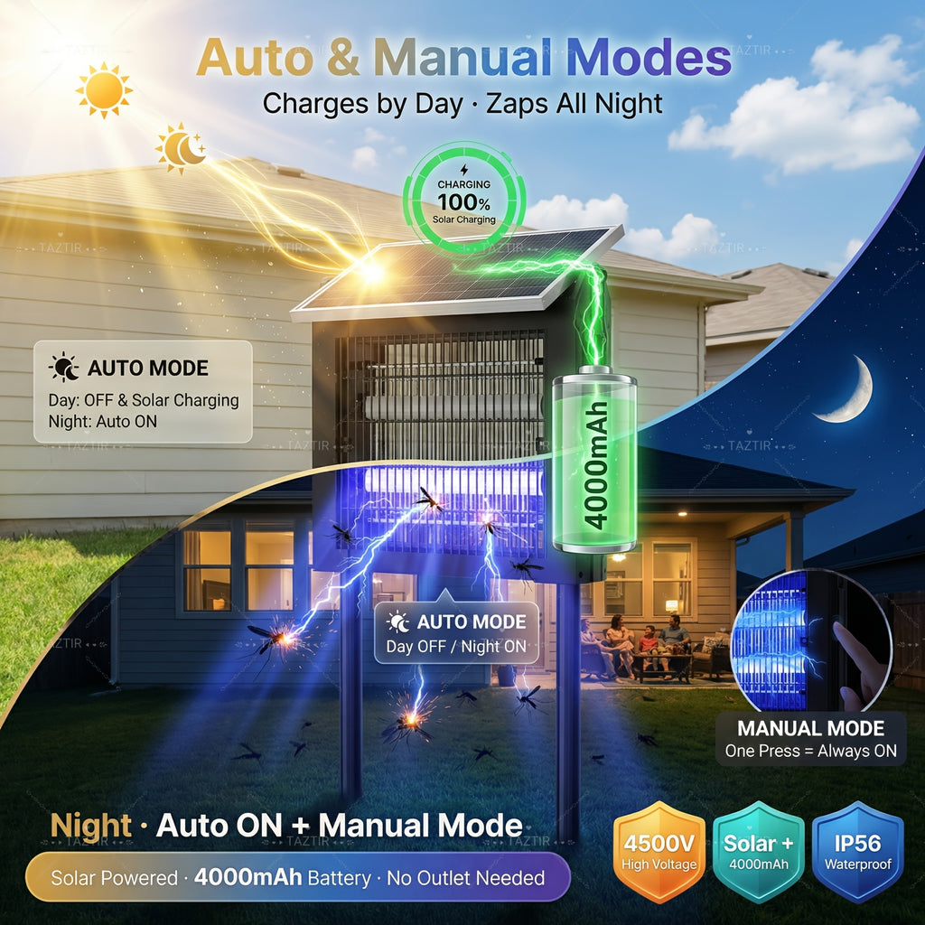 Solar Charging Insect Zapper with Listed 4500V Grid and 4000mAh Battery, Metal Shell Bug Trap with Two Modes for Garden and Patio Placement