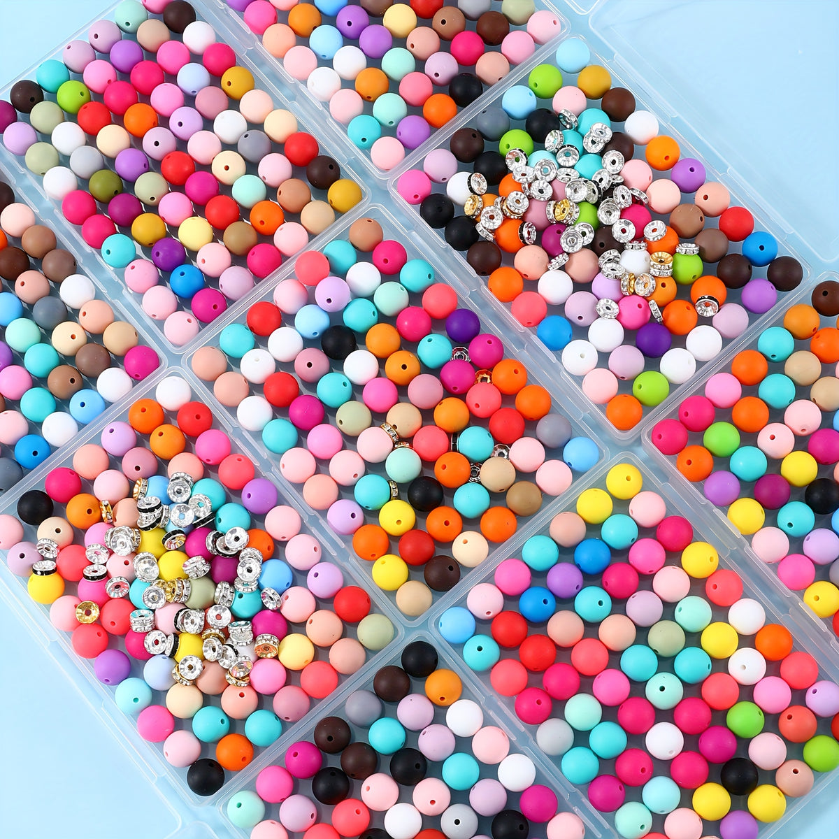 Silicone Beads and Rhinestone Spacer Craft Assortment, 210-Piece Mixed Color Selection with Listed 15mm Round Beads for Keychains, Bead Pens and DIY Pendants