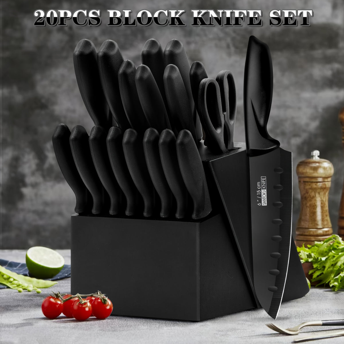 Hammered Kitchen Knife Set in Stainless Steel with Listed Wooden Handles, Storage Block and Sharpener for Home Cooking, 15-PCS or 20-PCS-Black Options