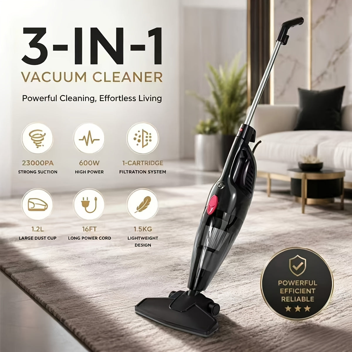 3-in-1 Corded Vacuum Cleaner PBHPBH with 23kPa Suction, 600W Motor, HEPA Filter and 40.58oz Dust Cup, Black Handheld and Upright Design for Home and Car Cleaning