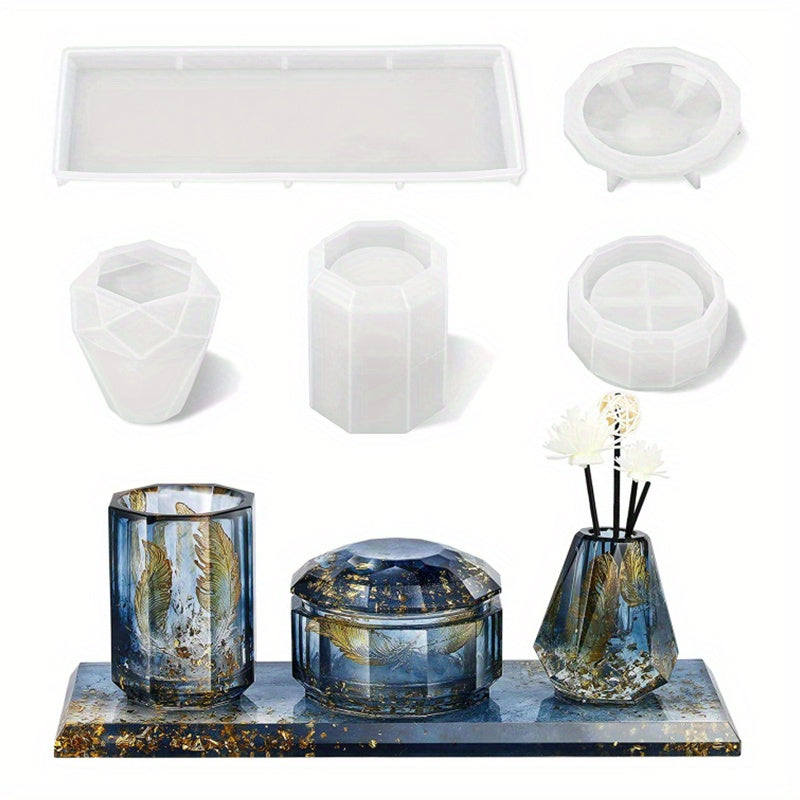 Bathroom Organizer Resin Mold Set with Four Listed Silicone Pieces, Toothbrush Holder Cup, Diffuser Bottle, Tray and Lidded Jar Design Wording for DIY Casting