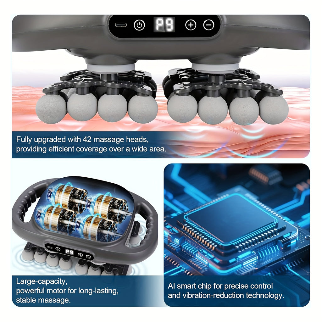 Deep Tissue Massage Gun with 42-Head Design, Handheld Percussion Massager with 9 Modes and 9 Intensity Levels, USB-C Charging and Storage Box for Home, Gym and Travel