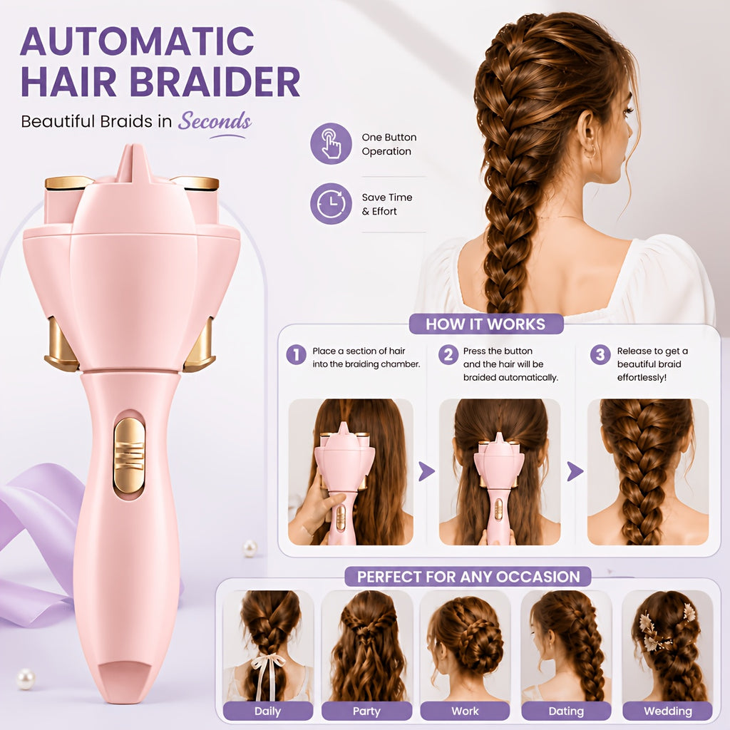 Automatic Hair Twister in Pink, Cordless Electric One-Button Styling Tool for Long Hair, Everyday Looks, Travel, Parties and Weddings, Battery Not Included