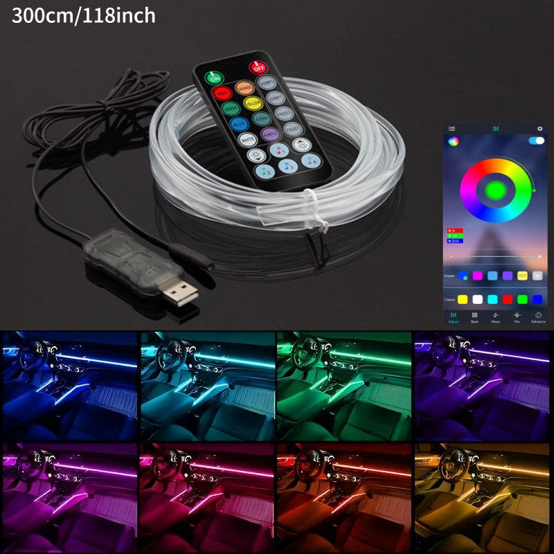 Fiber-Optic Car Ambient Light Strips with RGB LED Color and Listed 5V USB Power, Music-Synchronized 1A1 Interior Decoration for Compatible Dashboard and Console Areas