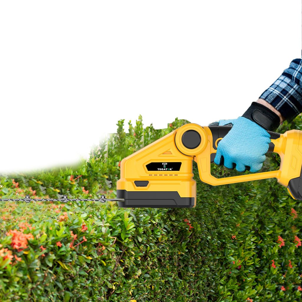 Cordless Hedge Trimmer by TEGATOK with Listed 20V Power, One- or Two-Battery Kit Options and Extended Model for Garden Shrub Trimming and Lawn Care