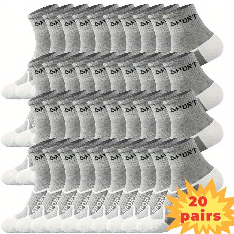 Men's Grey Athletic Socks 20-Pair Pack with Reinforced Heel and Toe, Moisture-Wicking Polyester Knit and Letter Design for Running and Casual Wear