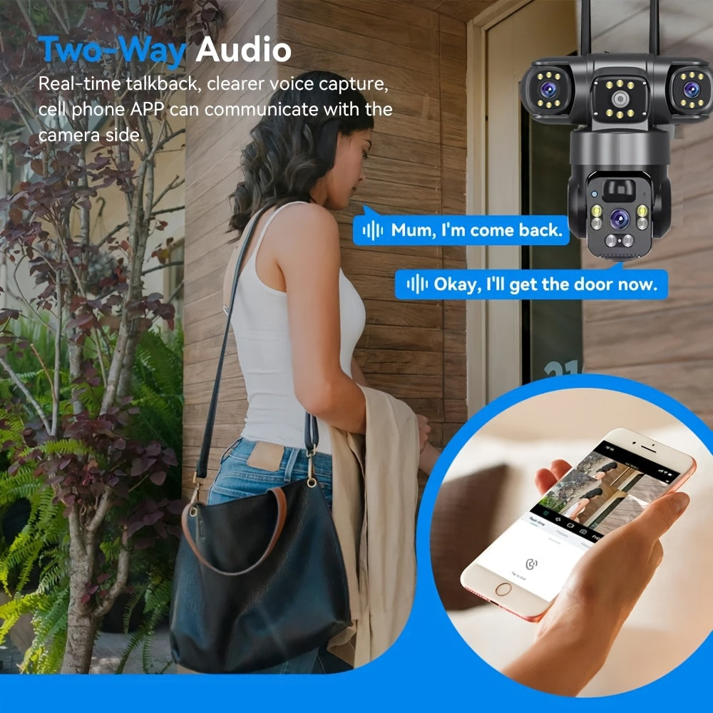 Three-Lens Solar WiFi Security Camera with Listed 355-Degree Pan and 90-Degree Tilt, PIR Alerts, Color Night Vision and Two-Way Audio, Two Package Labels