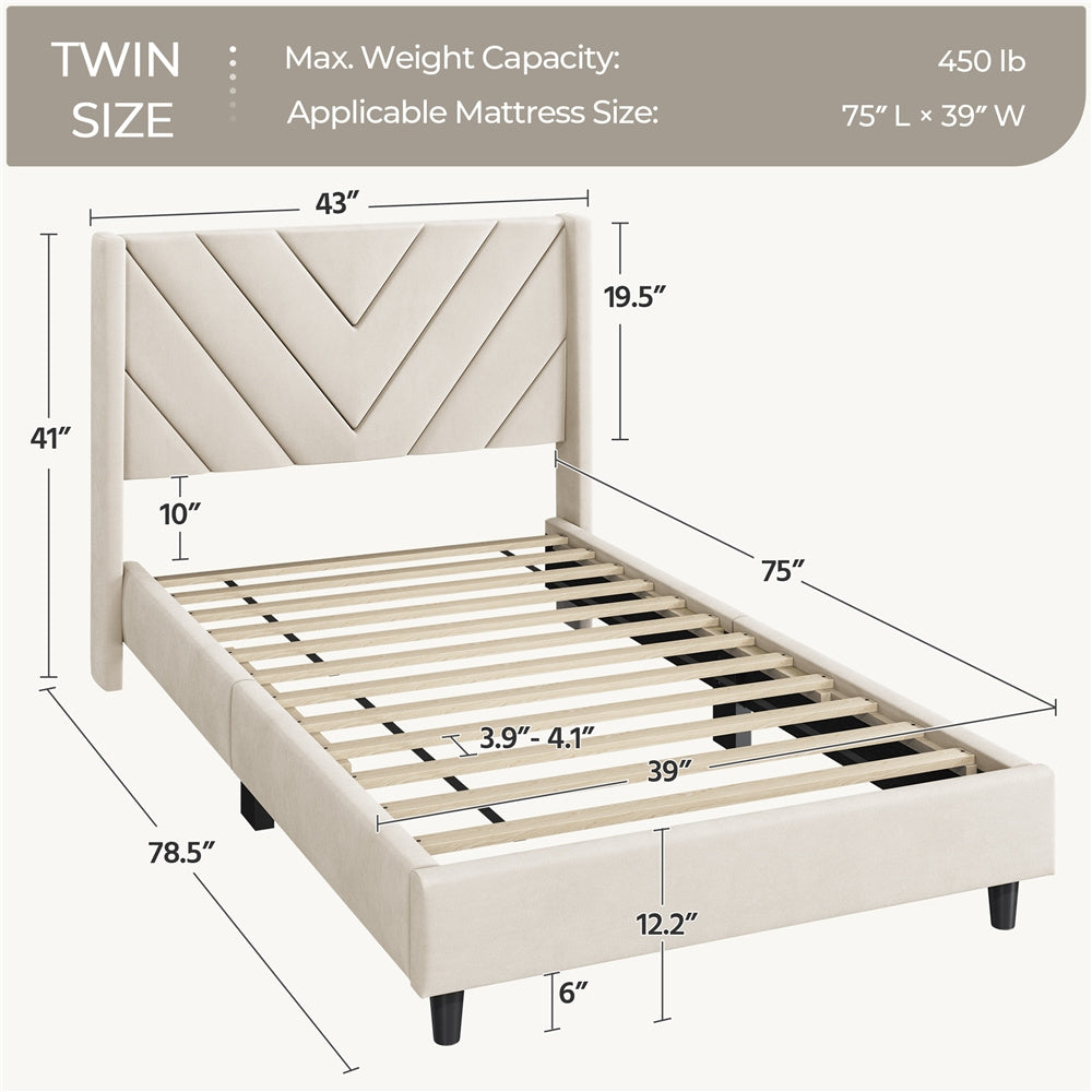 Velvet Platform Bed Frame by Costoffs with Wingback Headboard and Geometric Stitching, Wooden Slat Support, No Box Spring Needed, Twin to King Options