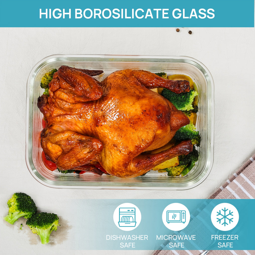 Large Glass Storage Containers for Family Meal Prep, 2-Pack 1860ml 63oz Borosilicate Containers with Hinged Lids and Removable Silicone Seals in Green or Gray