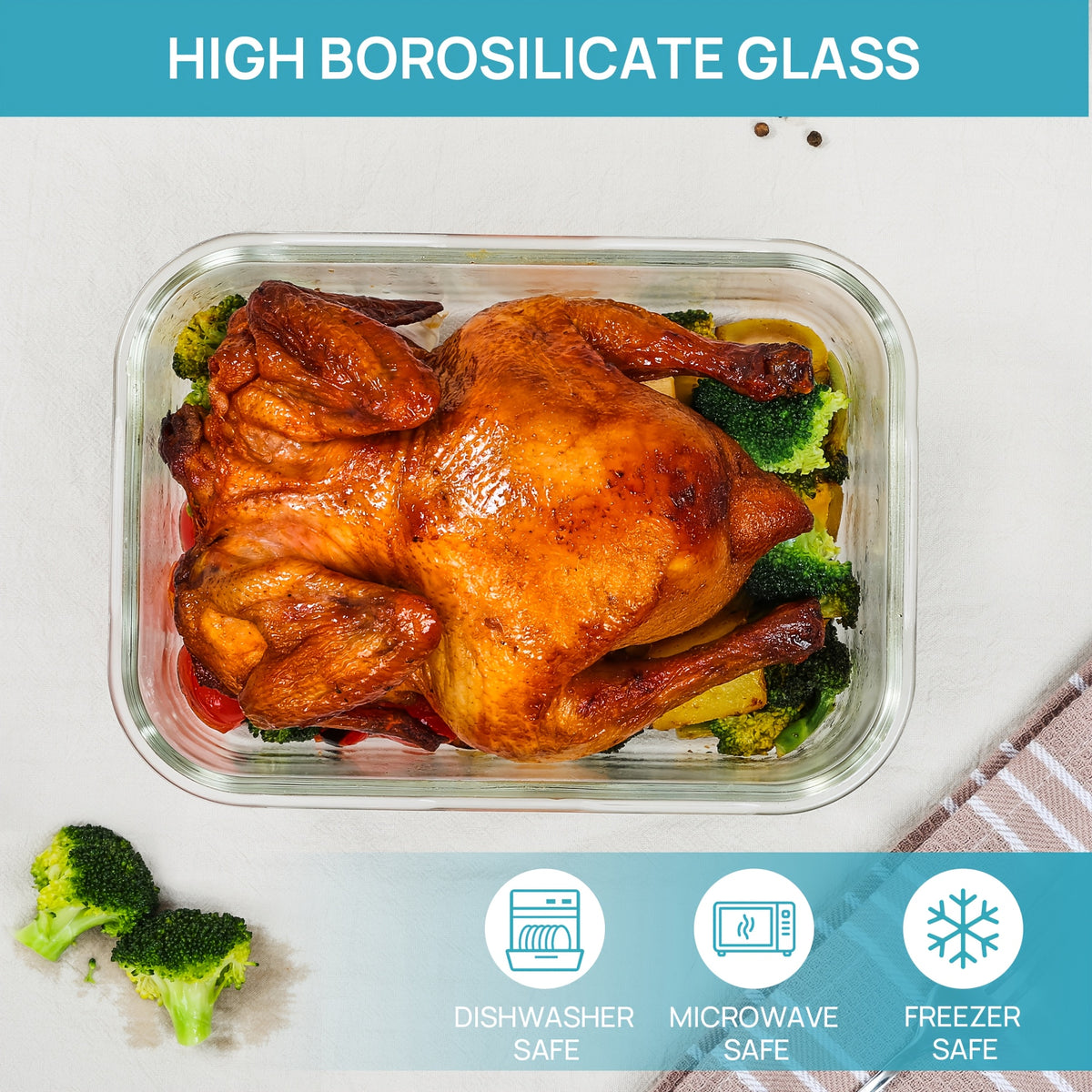 Large Glass Storage Containers for Family Meal Prep, 2-Pack 1860ml 63oz Borosilicate Containers with Hinged Lids and Removable Silicone Seals in Green or Gray