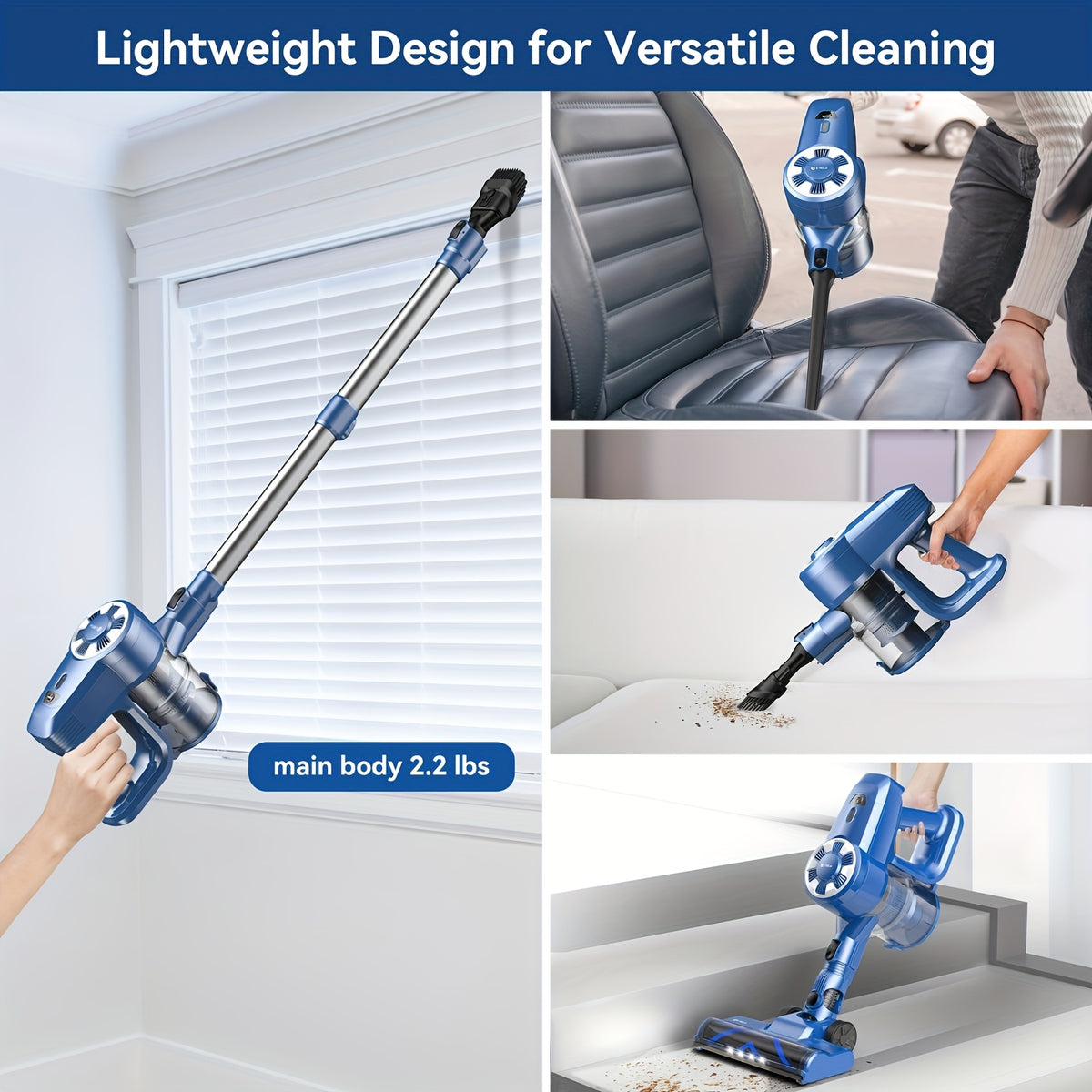 Stick Vacuum Cordless 46Kpa Powerful Suction, 6-in-1 Lightweight Vacuum Cleaner with Anti-Tangle LED-Lit Brush Head, Removable Battery for Hardwood, Carpet and Pet Hair
