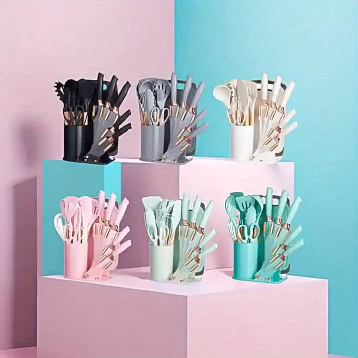 Cooking Utensil and Knife Set for Home Kitchen Preparation, Multiple Color Choices with Selected Pink or Black Square-Barrel and Gift Box Options
