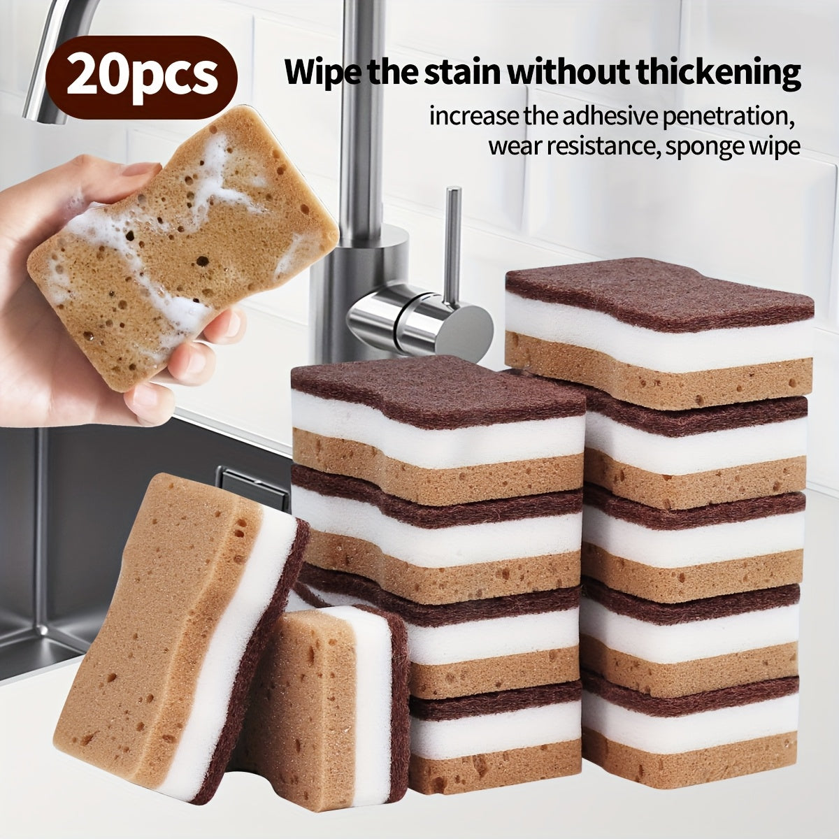 Three-Layer Dishwashing Sponges with Seaweed Waist Sponge Labels, 5, 10, 20 or 40-Piece Packs for Compatible Dishes and Everyday Kitchen Surface Cleaning