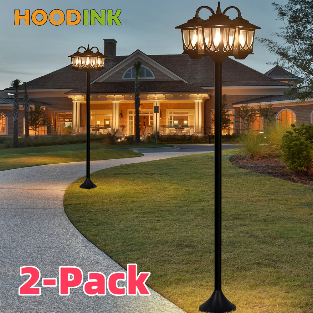 Three-Head Solar Lamp Post with Listed 73-Inch Section-Adjustable Design and 3000K Warm White Light, Black, Two-Pack or Upgraded Flower Pot Model Labels