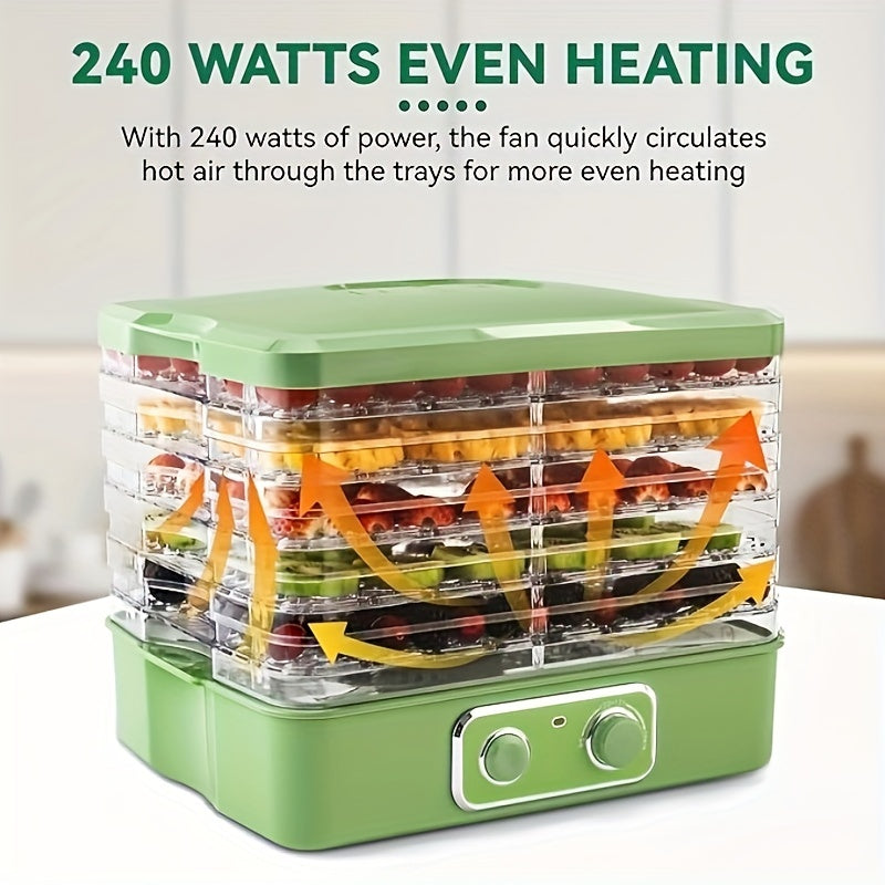 Stackable Food Dehydrator for Fruit, Vegetables and Herbs, Listed Five-Tray 240W Temperature-Control Model with Green, Silvery and Eight-Tier Option Labels