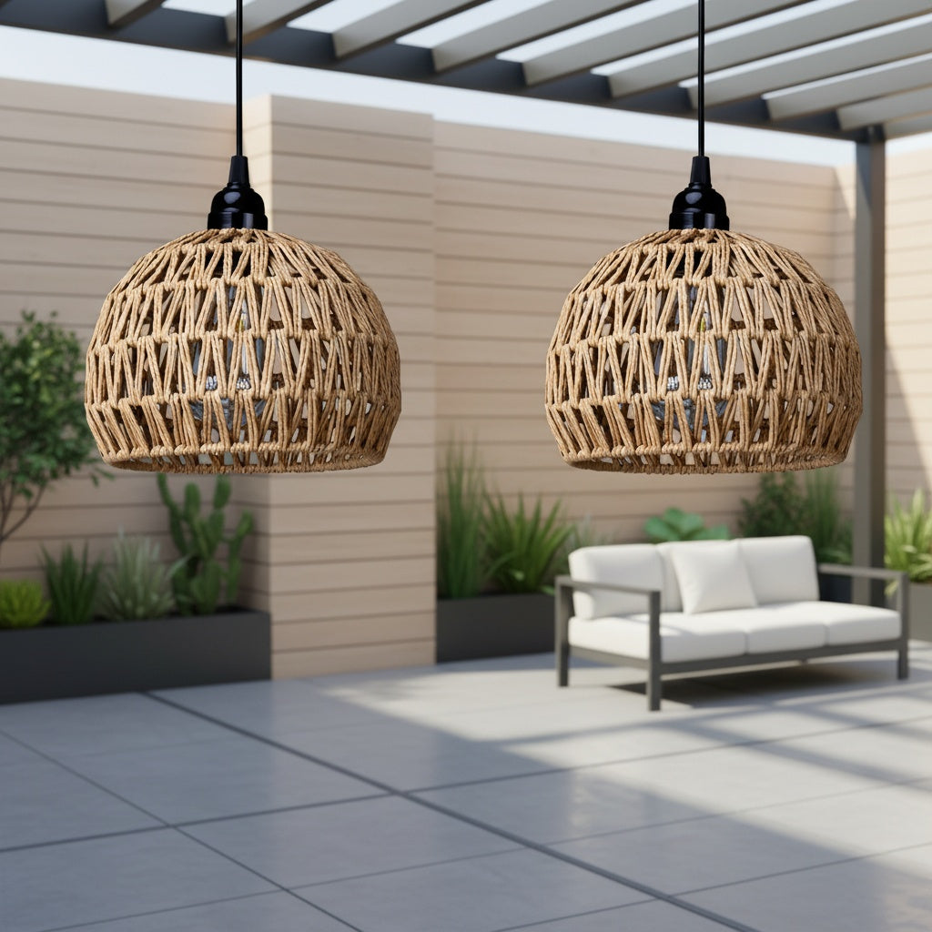 Battery Pendant Lights in a Two-Piece Woven Rattan-Style Set with Remote Control, Dimmable Warm White LED and Timer for Decorative Hanging Displays