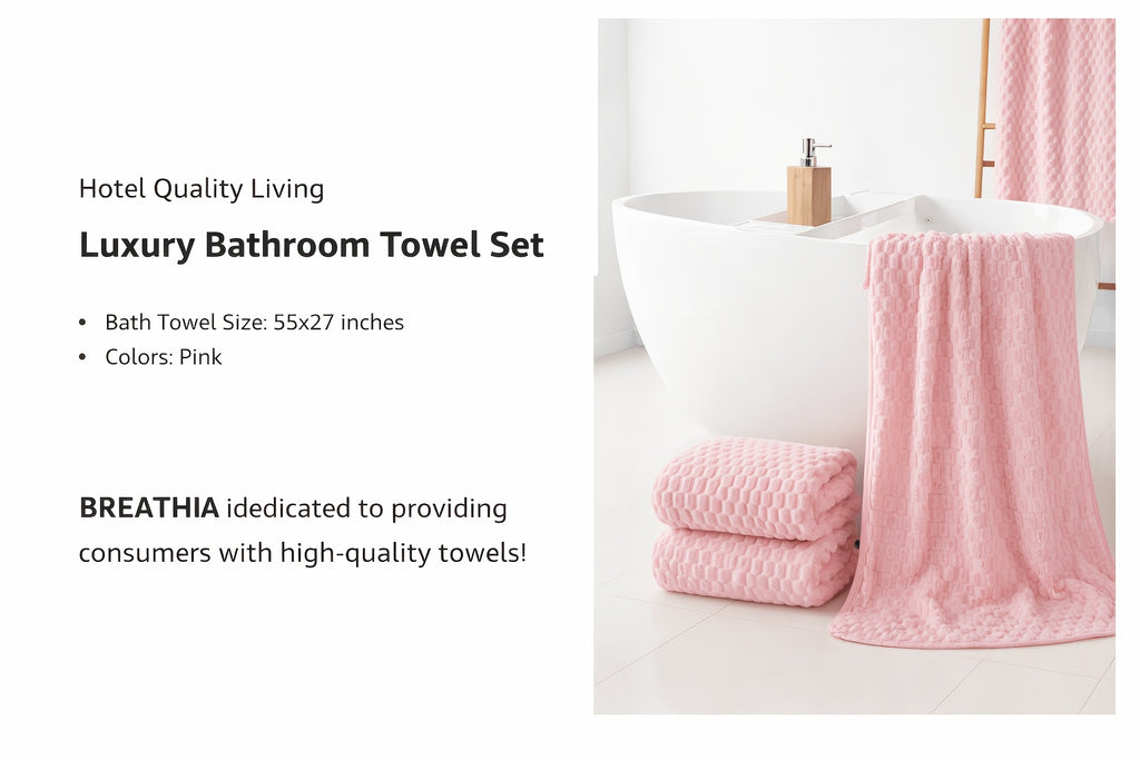Coral Fleece Bath Towel Set with Hair Drying Cap, Five-Piece Bundle Featuring Four 27 x 55 Inch Plush Towels and Listed Hanging Loops for Home Shower Routines