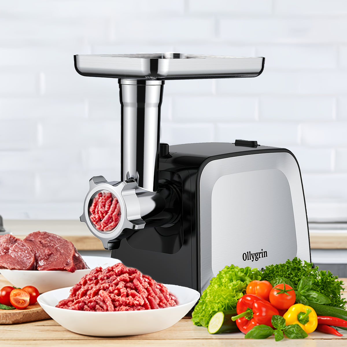 Electric Meat Grinder CHEFFANO TM-090-N with Two Blades, Three Grinding Plates, Sausage Tube and Kubbe Kit, Stainless Steel Home Grinder with Listed 2000W Max Power