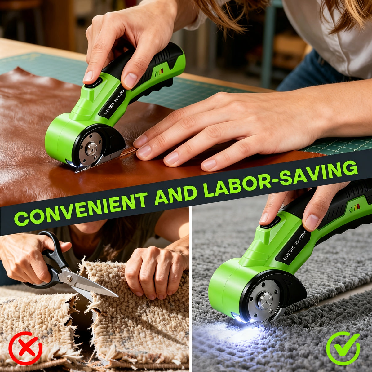 Cordless Electric Scissors in Green with Listed 4V Power, 2000mAh Battery, Three Rotary Blades, Safety Lock and USB Cable for Compatible DIY Cutting