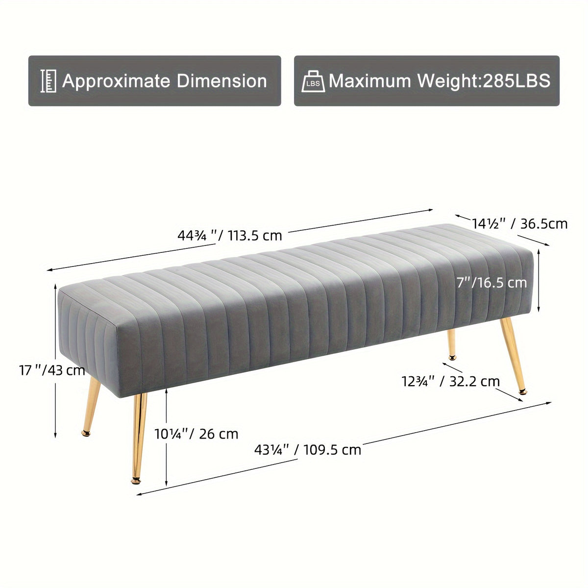 Velvet Entryway Bench with Gold-Plated Legs, 44-Inch Accent Seating for Shoe Changes, Bedroom End-of-Bed Styling and Living Room Footrest Use
