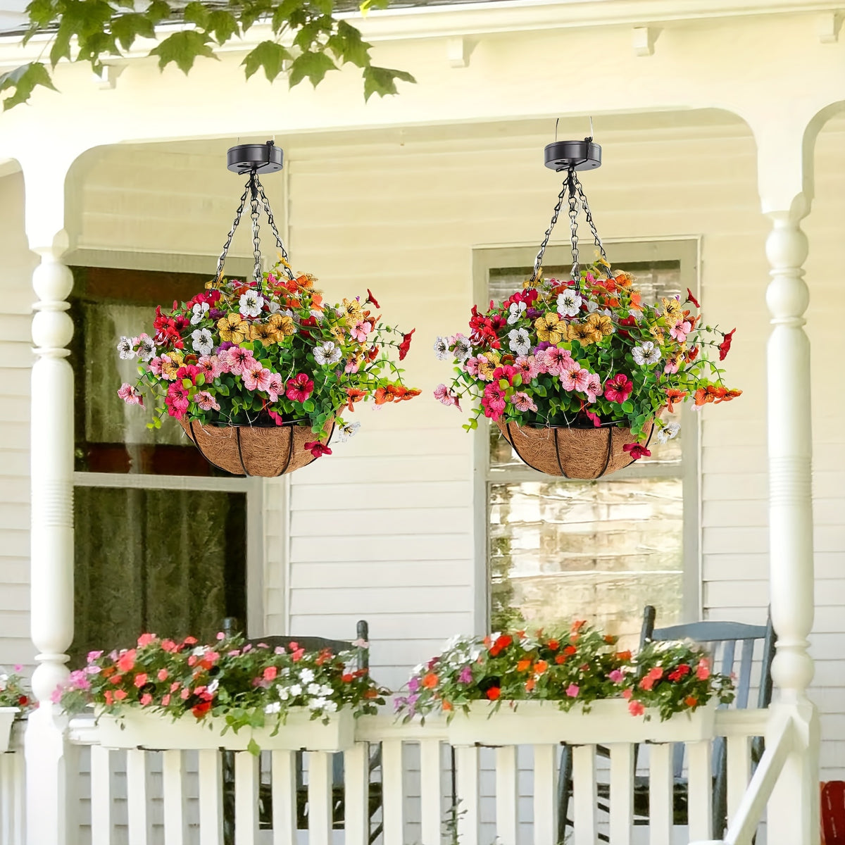 Solar Hanging Flower Baskets, Artificial Floral Decor with Coco Coir Liner and Listed 10-Inch Size, Multicolor Selection Labels for Porch and Patio Displays