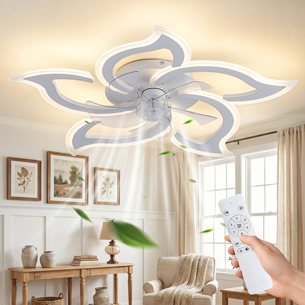 Petal Shape Ceiling Fan with LED Light and Remote, Listed 30-Inch Low-Profile Flush Mount, Six Speeds and Three Light Colors, Black Round or Pointed Leaf Options