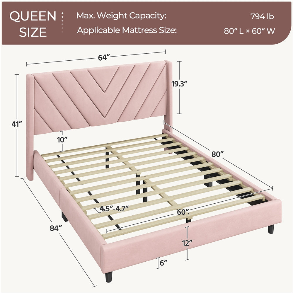 Velvet Platform Bed Frame by Costoffs with Wingback Headboard and Geometric Stitching, Wooden Slat Support, No Box Spring Needed, Twin to King Options
