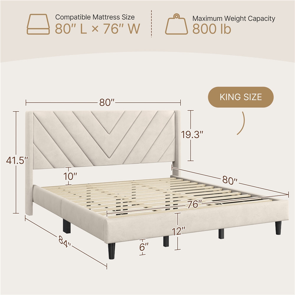 Velvet Platform Bed Frame by Costoffs with Wingback Headboard and Geometric Stitching, Wooden Slat Support, No Box Spring Needed, Twin to King Options