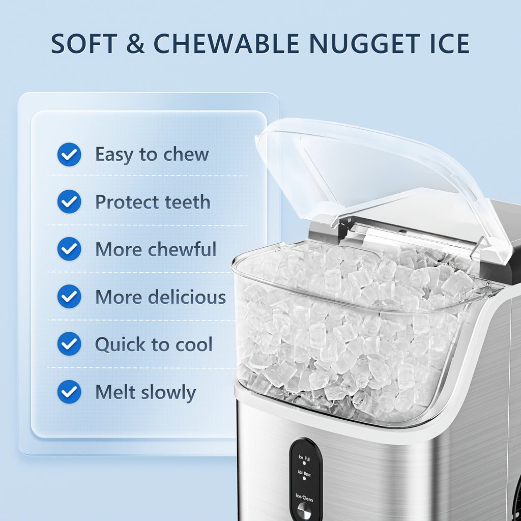 Carry-Handle Countertop Ice Maker with Bullet or Nugget Ice Option Labels, Self-Cleaning Wording, Basket and Scoop for Kitchen and Office Drink Preparation