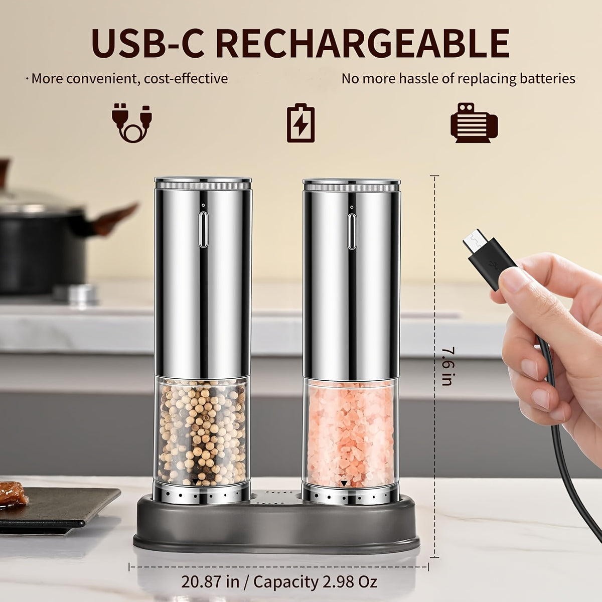 Automatic Salt and Pepper Grinder Set, 2 Refillable Electric Mills in Silvery with LED Light, Adjustable Coarseness and One-Handed Operation for Kitchen Seasoning