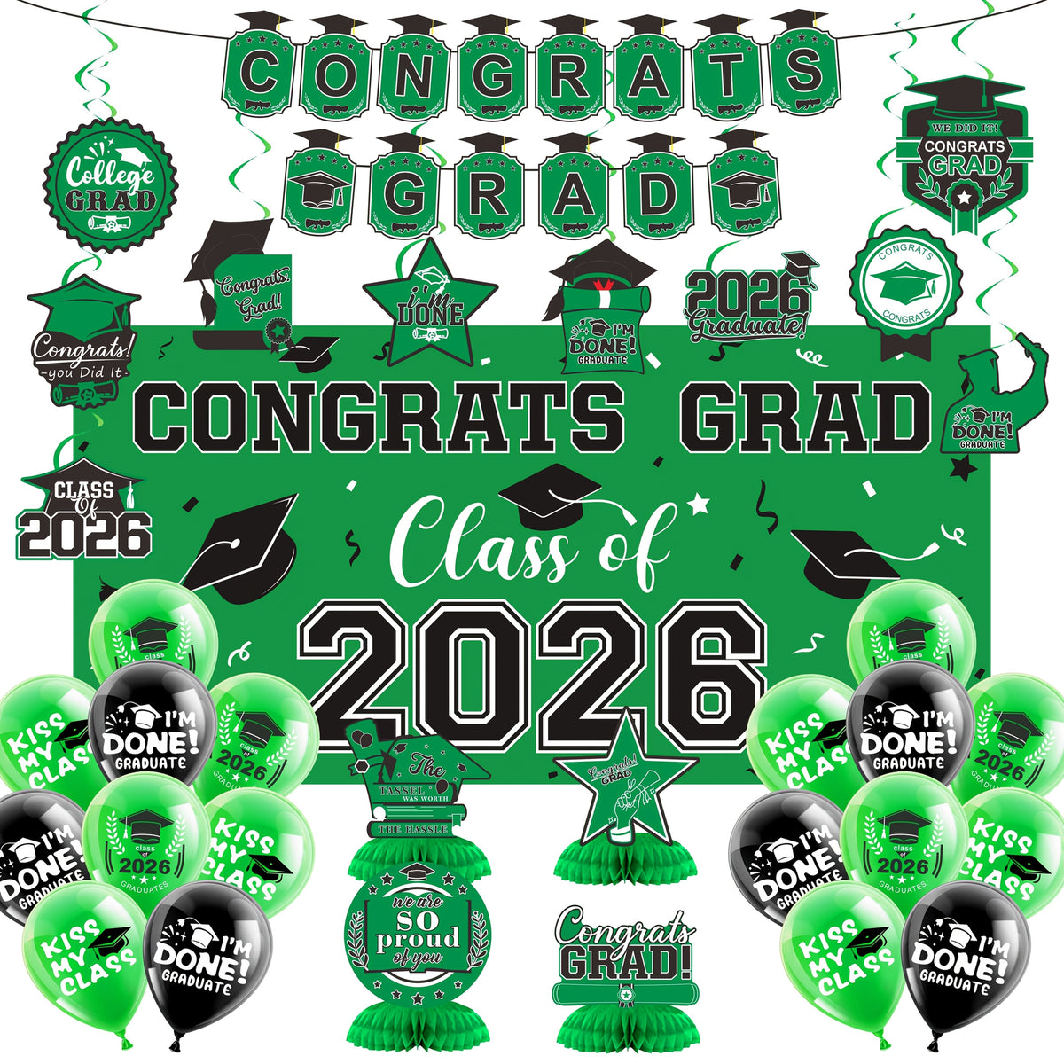 Graduation Party Decorations Class of 2026 Set with Backdrop Banner, Hanging Swirls, Balloons and Honeycomb Decor for Home Celebrations