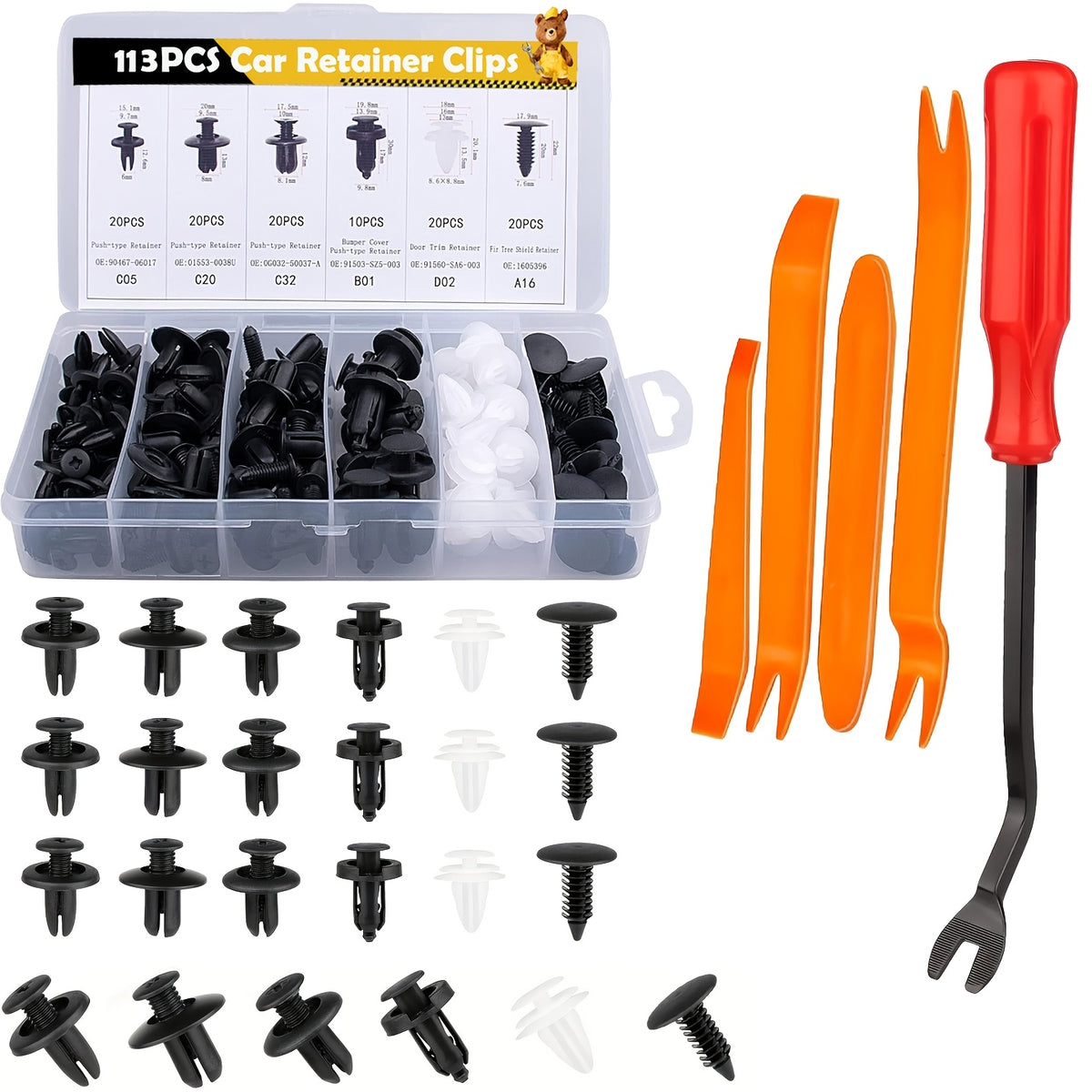 Bumper Retainer Clips and Plastic Push Rivet Fasteners for Compatible Car Applications, Seven Quantity Options with Removal Tool References