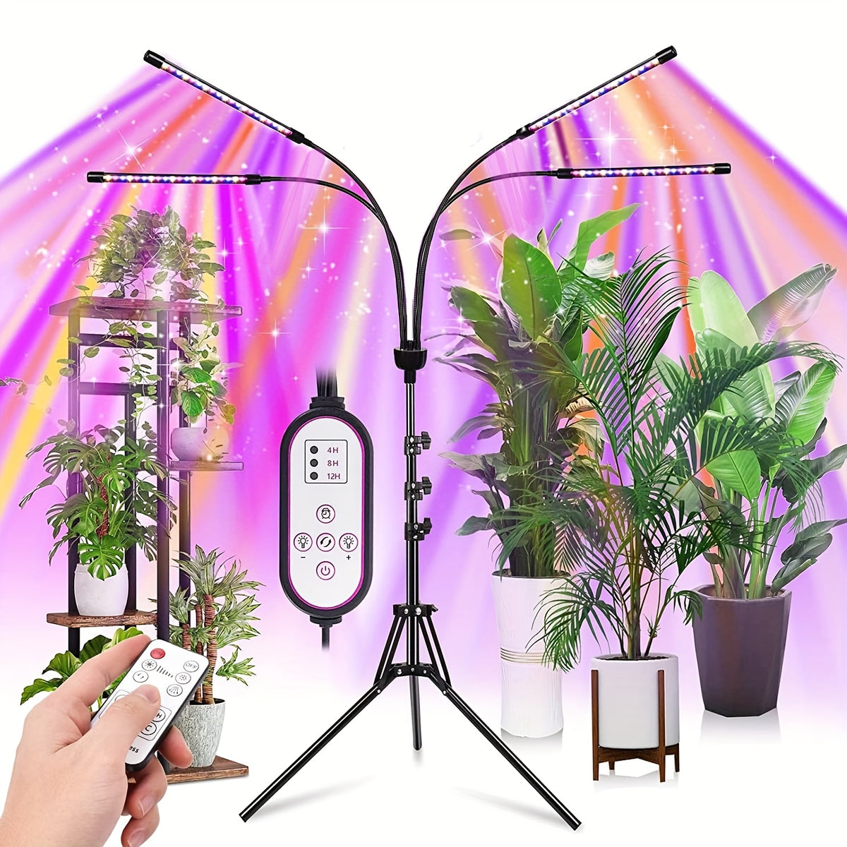 Tripod Grow Light for Indoor Plants with Remote Control, Auto On/Off Timer and Listed Red Blue White Spectrum, Four-Head or Five-Head Model Options